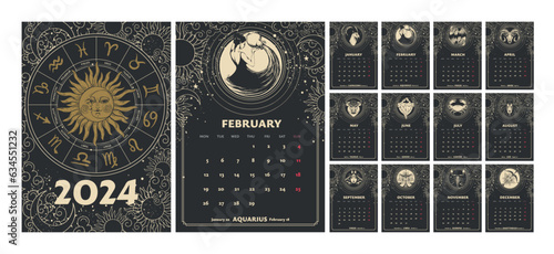 Zodiac signs calendar 2024 week starts on Monday, A4 vertical astrological printable templates, black mystical universe background. Hand drawn vector illustration.