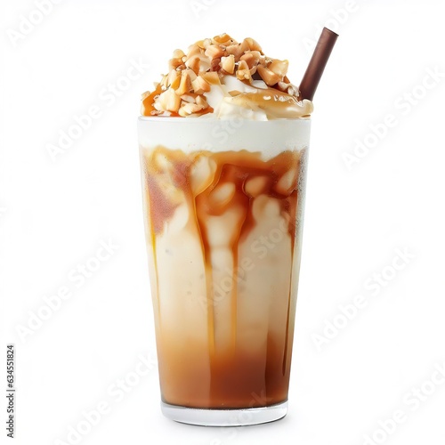 Frappe drink with caramel an nuts isolated on white background