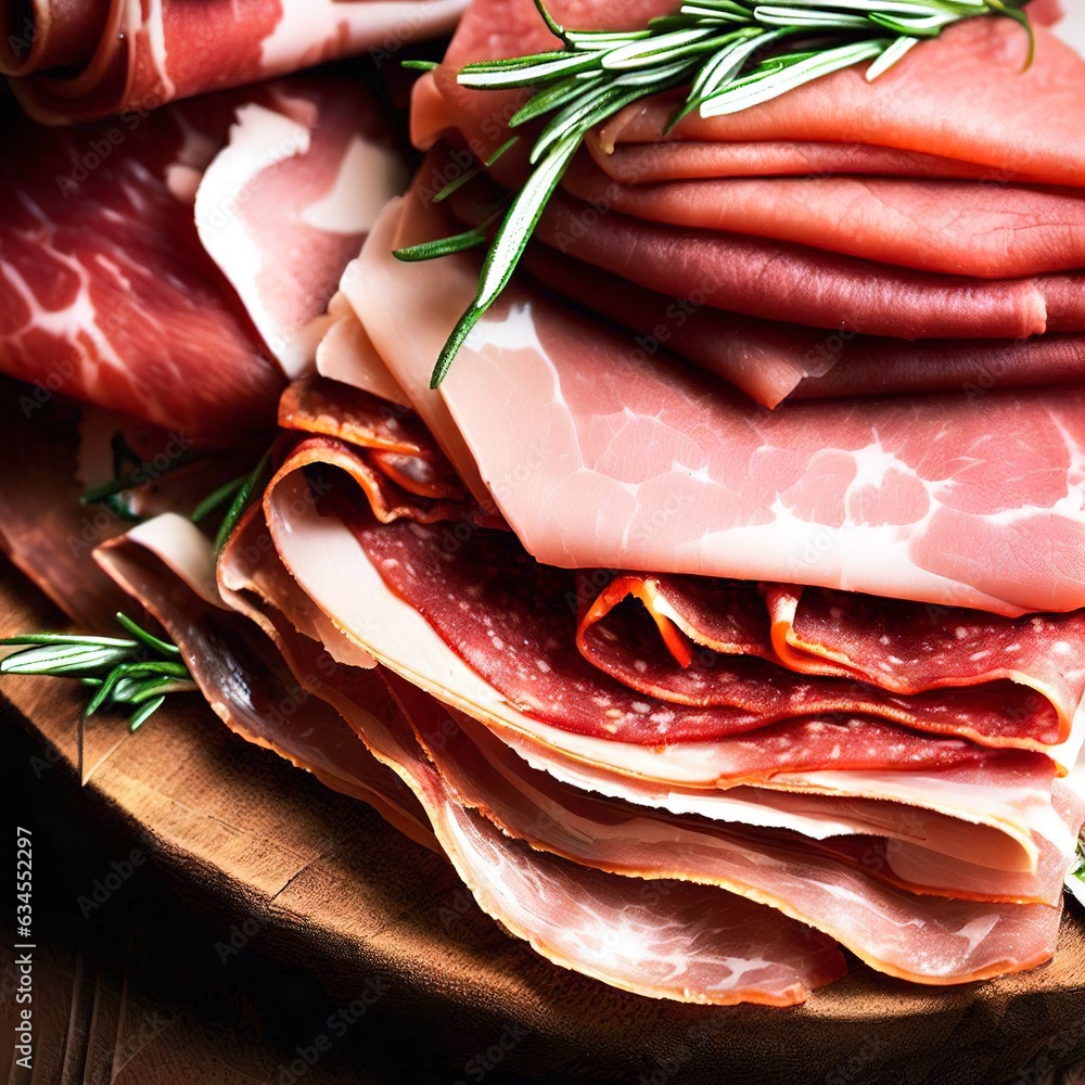 Italian slices of coppa, capocollo, capicollo, bresaola or cured ham with rosemary. raw food - obrazy, fototapety, plakaty 
