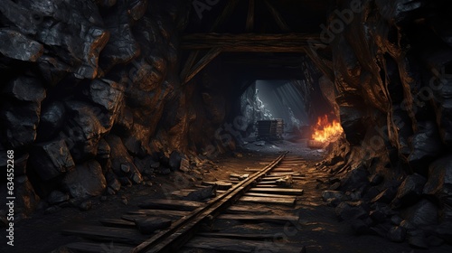 Mine tunnel inside view, cave with railway, rocks, stone shaft with wooden