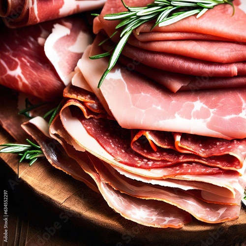 Italian slices of coppa, capocollo, capicollo, bresaola or cured ham with rosemary. raw food photo