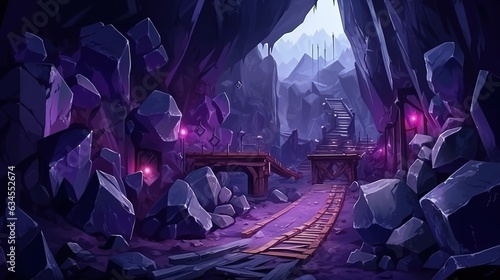 Underground cave with purple crystals. night lighting