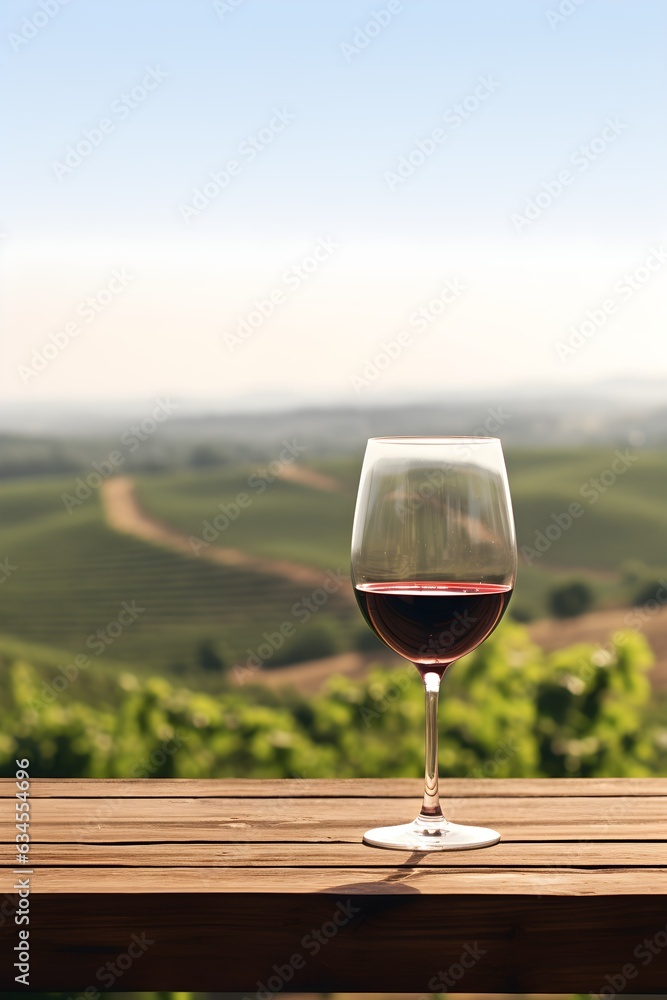 Glass of red wine on the terrace above the vineyard, Vertical format 2:3