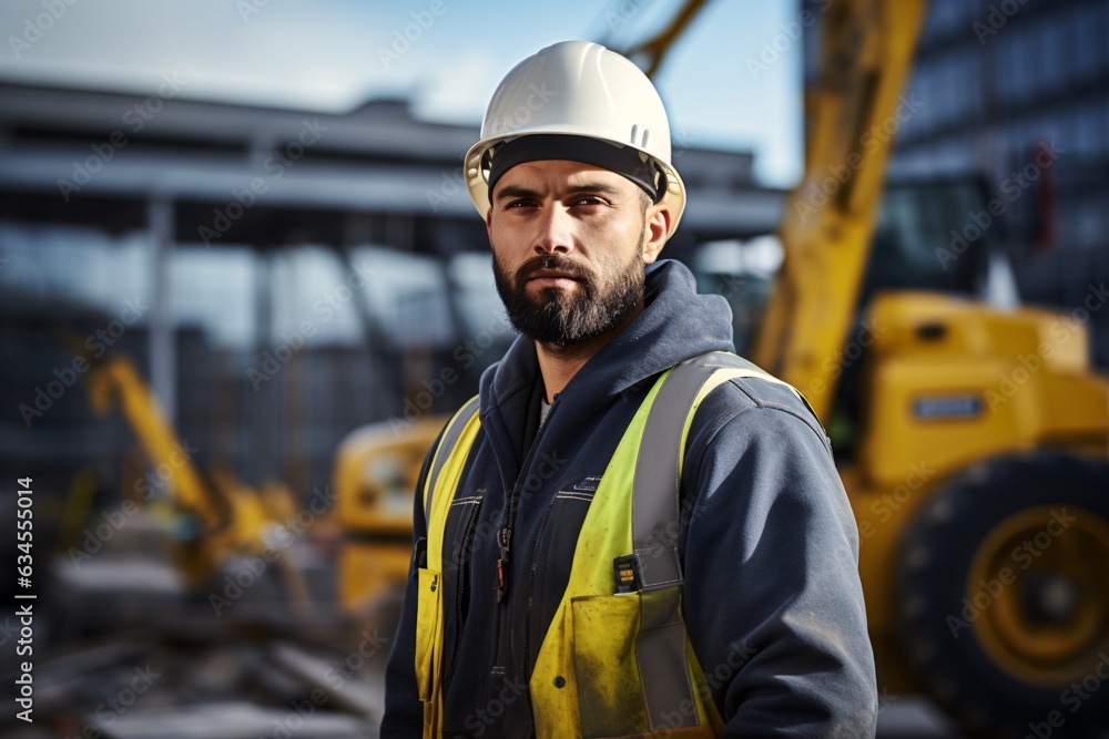 skilled construction worker at a construction site, with machinery and structures in the background skilled construction worker at a construction site, with machinery and structures in the background