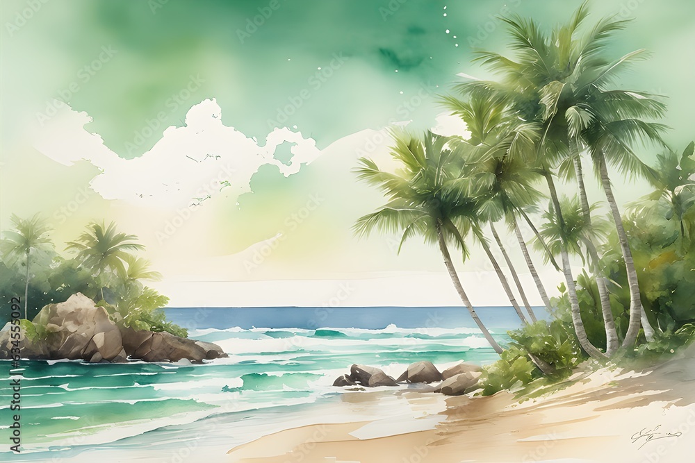 Dreamy Beach Landscape green sky, Watercolor background