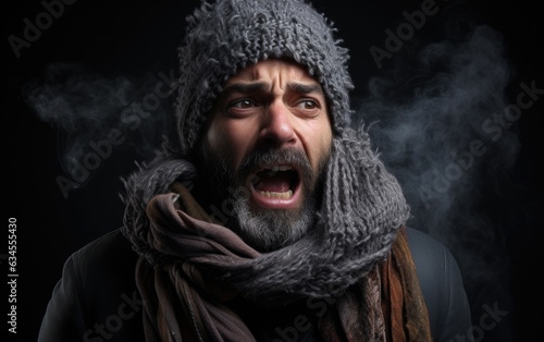 Ill Health: A portrait of a man whose symptoms of a cold are visible in a sneeze.