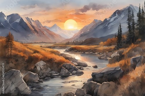 Sunset in mountain background watercolor