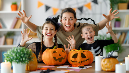 Happy family preparing for Halloween.
