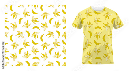 Short sleeved cotton sports t shirt decorated seamless pattern with peeled sweet ripe bananas. Harvesting tropical fruits. Comfortable summer clothes. Vector ornament for design of textile and fabric
