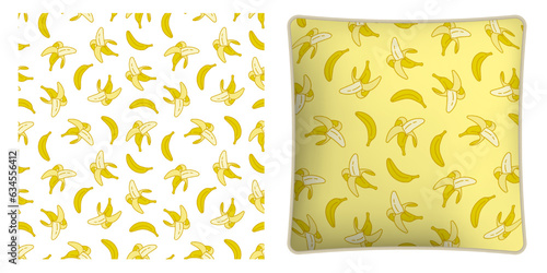 Square decorative pillow, bedroom accessory decorated seamless pattern with peeled sweet ripe bananas. Harvesting tropical fruits. Vector ornament for design of posters and printing on textile