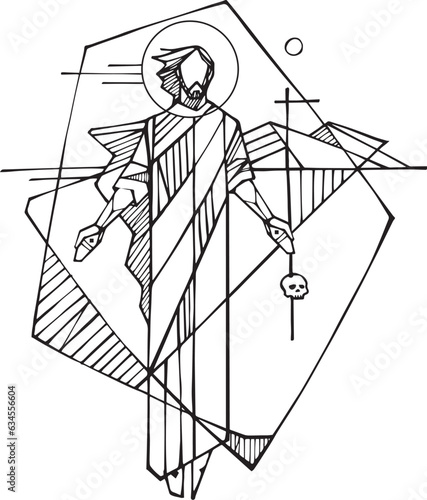 Hand drawn illustration of Risen Jesus.