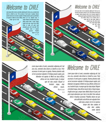 Isometric flag of Chile on flagpole fluttering wind. Crossing of Chilean country border by car travels. Set of information horizontal, square and vertical vector banner, templates for printing