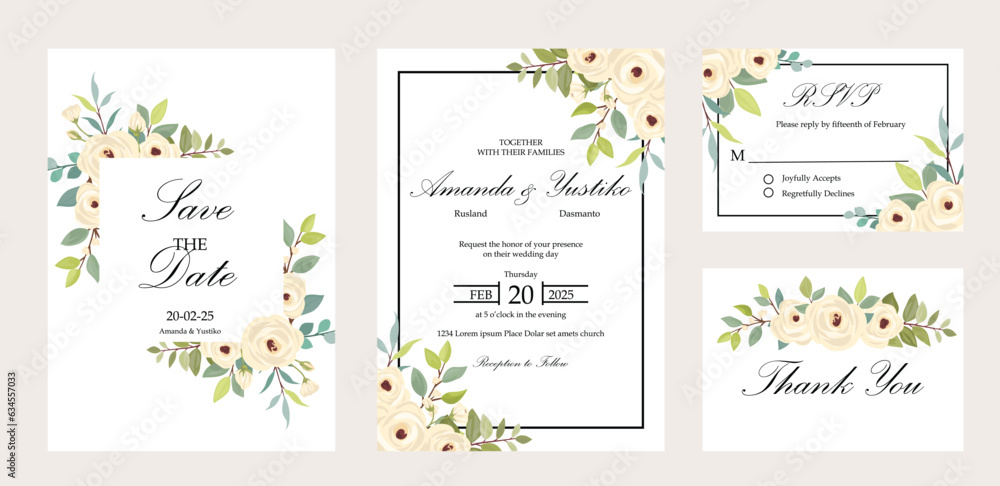 Set of cards with white roses. Wedding ornament concept. Flower poster, invite.
