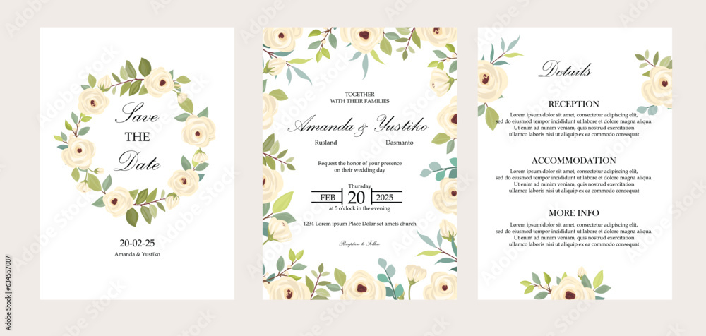 Set of cards with white roses. Wedding ornament concept. Flower poster, invite.