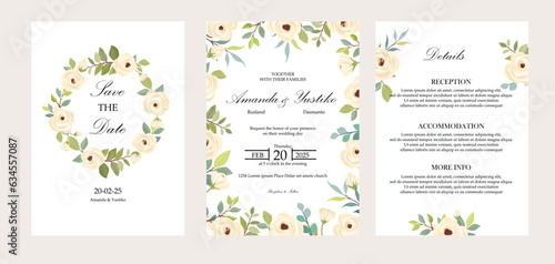 Set of cards with white roses. Wedding ornament concept. Flower poster  invite.