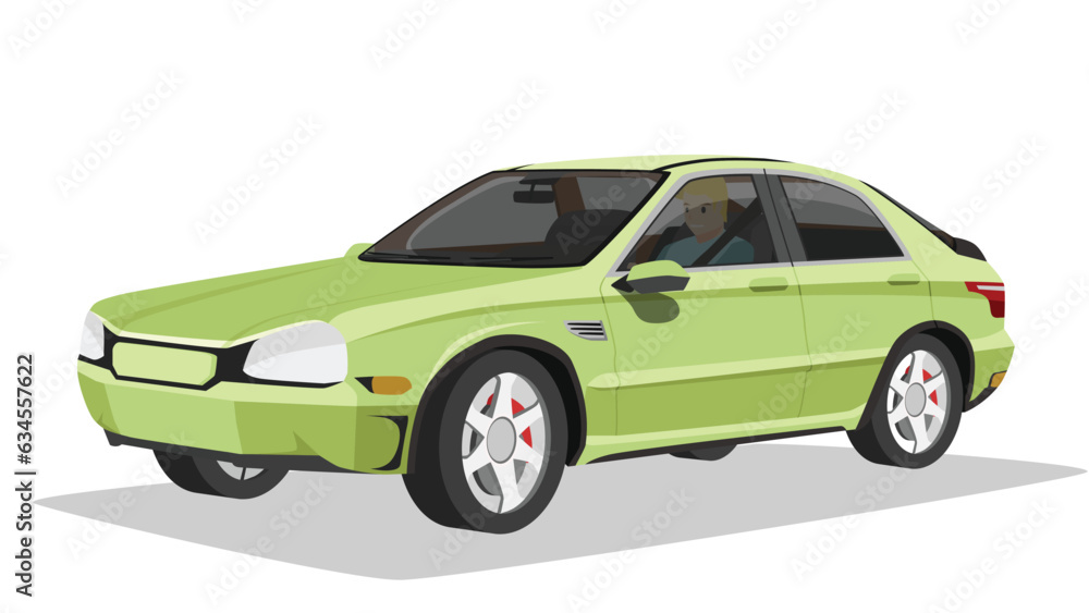 Concept vector illustration of detailed perspective view of a flat green car. Driver mand drive car. With shadow of car. Can view interior of car. Isolated white background.