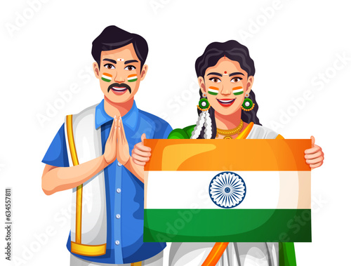 South Indian couples in traditional dress showing Indian flag, celebrating Independence or Republic Day. Design for poster, banner, flyer, greeting card. 