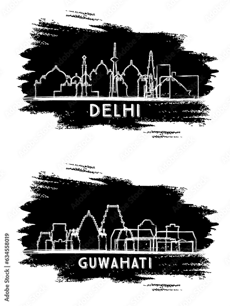 Guwahati and Delhi India City Skyline Silhouette Set.