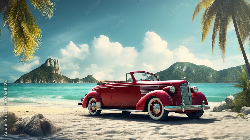 retro car on the beach with palm trees by the sea