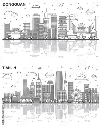 Outline Tianjin and Dongguan China City Skyline Set with Modern Buildings and Reflections Isolated on White.