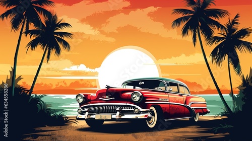 retro car on the beach with palm trees by the sea © LELISAT