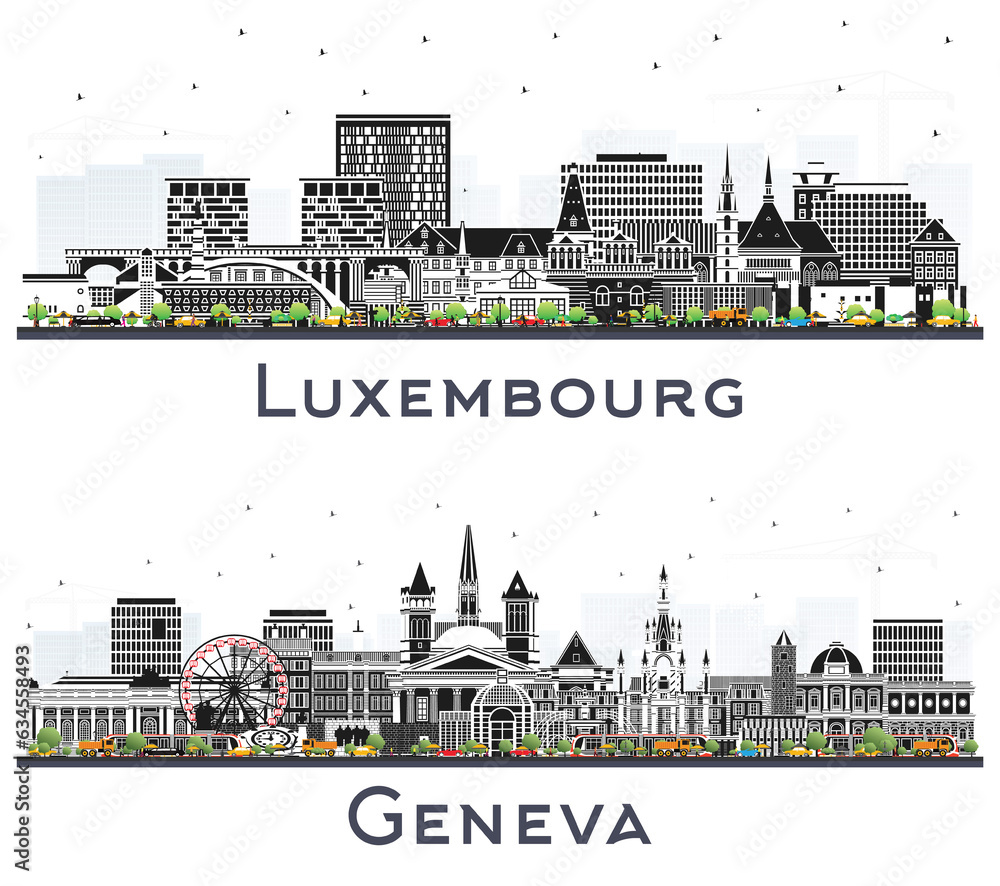 Geneva Switzerland and Luxembourg City Skyline Set with Color Buildings Isolated on White.
