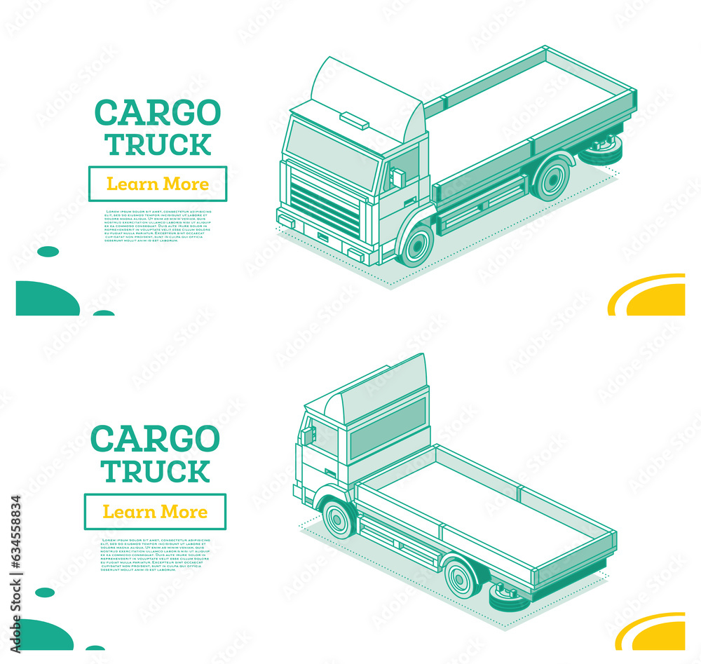 Isometric Flatbed Cargo Truck. Back and Front View. Isometric Flatbed Cargo Truck. Back and Front View.