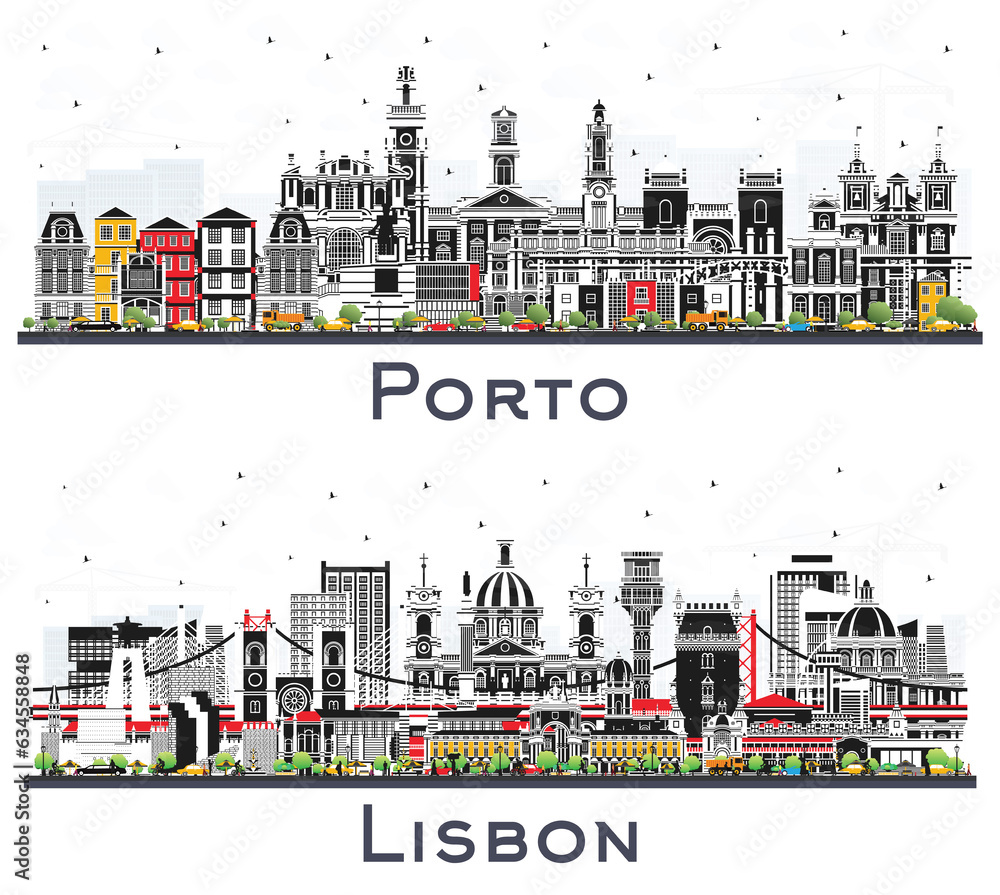 Lisbon and Porto Portugal City Skyline Set with Color Buildings Isolated on Whıte.