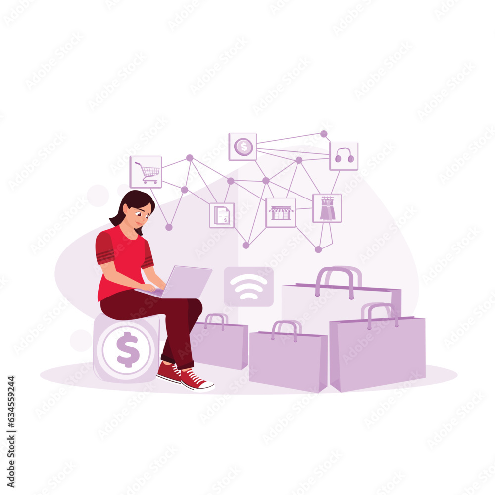 woman sitting on dollar coins while shopping online. The woman buys some gear online. Trend Modern vector flat illustration.