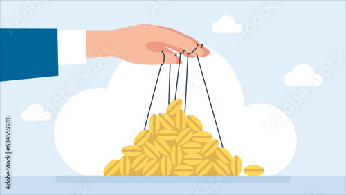 The concept of equal distribution of resources. Famine. Society's struggle against the manipulation of the food crisis. Protest. A politician uses grain to maintain power. Vector flat illustration