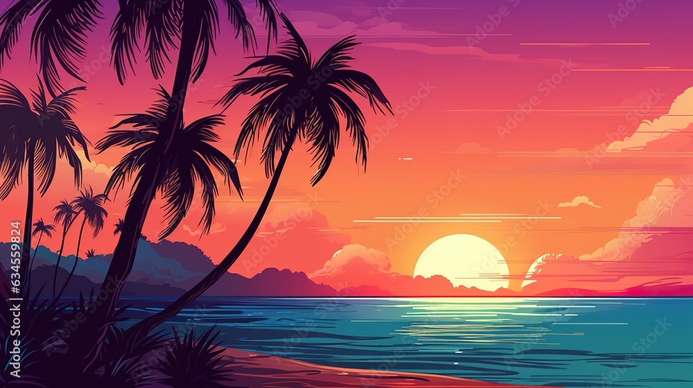 Summer landscape background with palm tree and sea.Colorful summer template. Concept of recreation