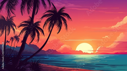 Summer landscape background with palm tree and sea.Colorful summer template. Concept of recreation © LELISAT