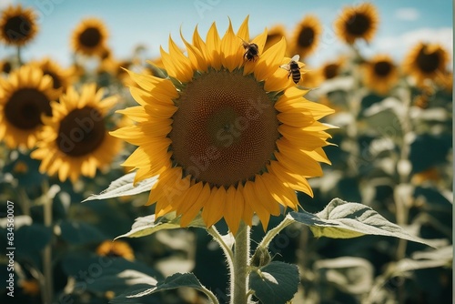Wallpaper Mural Sunflower in a field of Sunflowers with two bees on it. Yellow Flowers in a field under a blue sky. Sunny day in Nature, beauty of summer. Torontodigital.ca