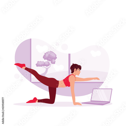 Plank Pose One Arm Leg Lift. Beautiful girls practice Phalakasana Eka Pada Eka Hasta through online classes. Trend Modern vector flat illustration.