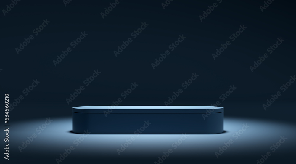 Obraz premium Blue ellipse podium or platform on dark blue moody background.
