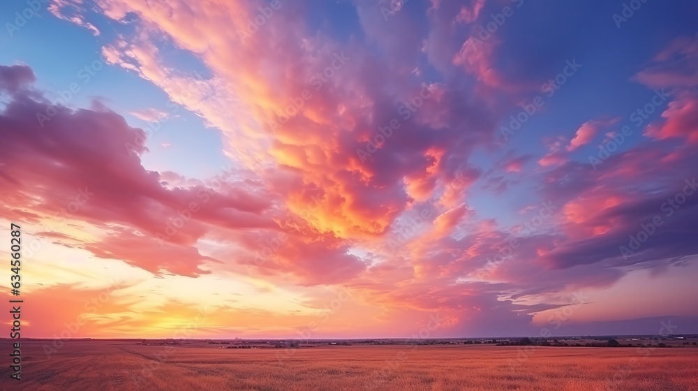 Summer landscape of colorful cloudy sky at sunset.Colorful summer template. Concept of recreation