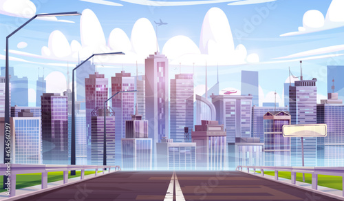 Modern cityscape with highway and plane in sky. Vector cartoon illustration of futuristic urban landscape, helicopter on roof of skyscraper, apartment houses and office buildings, clouds in blue sky