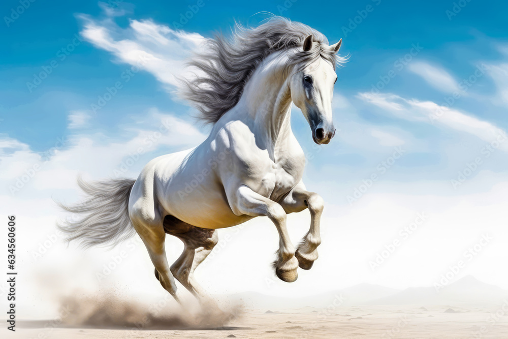 White stallion in the desert against blue sky