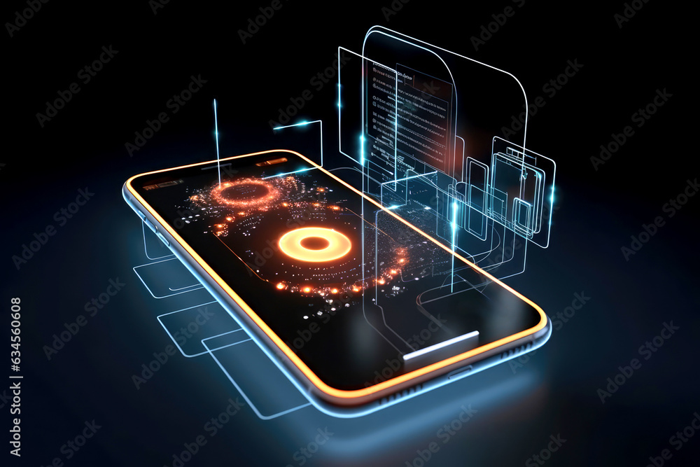 Fototapeta premium New and futuristic technologies, mobile illuminated with LED, black background
