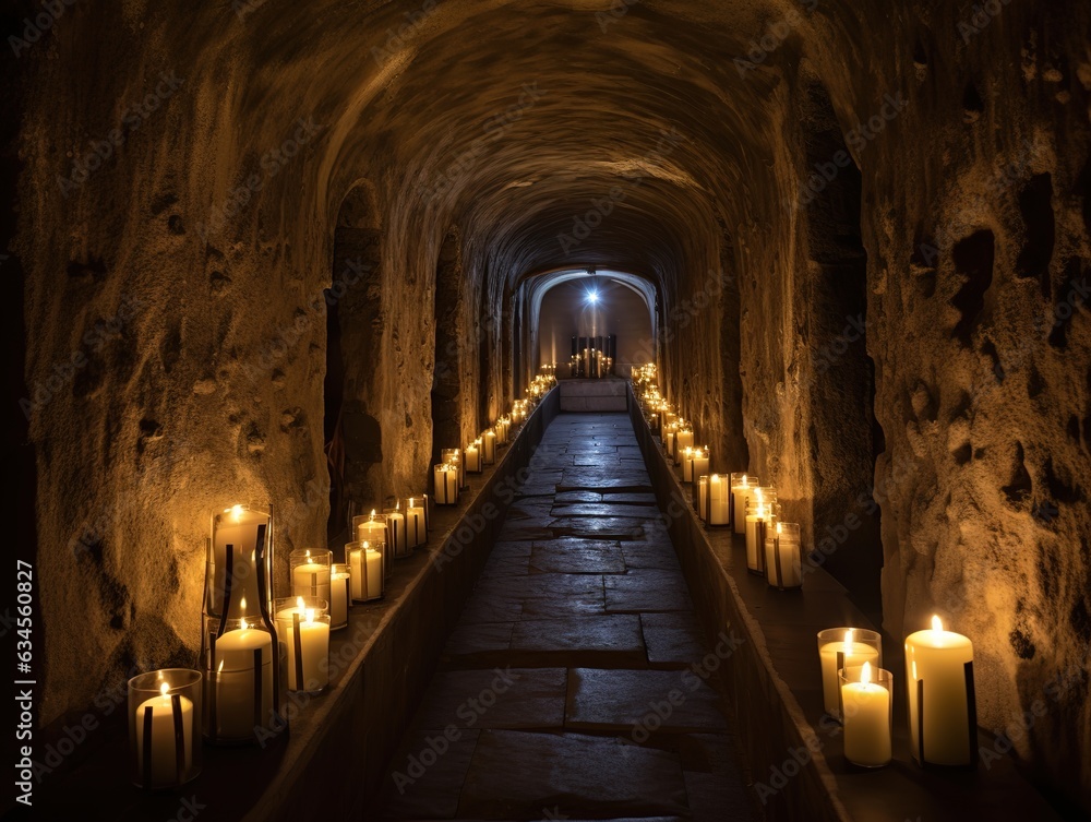 The castle's underground tunnel is lit by candles and daylight