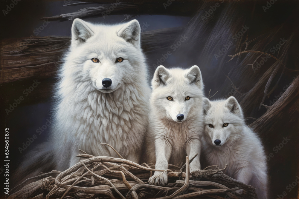 Arctic wolf ( Canis lupus arctos) with puppy . 