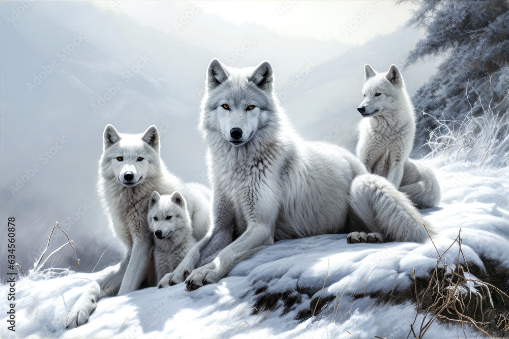Arctic Wolf family in a snowy landscape.