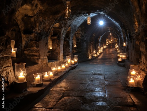The castle s underground tunnel is lit by candles and daylight