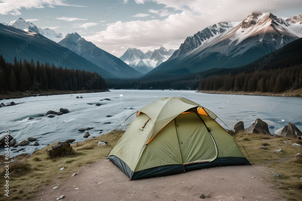 camping tent nestled in a mountain valley, beside a serene pond, under the bright sun, offering a tranquil nature escape