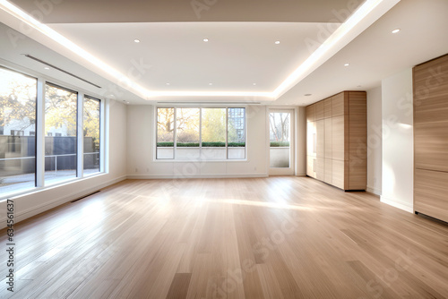 Print op canvas New big luxury modern house with decorative moldings, ceiling lighting and wooden floor