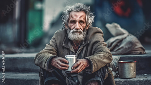 A homeless beggar man sitting outdoors in city asking for money donation. Generative Ai photo