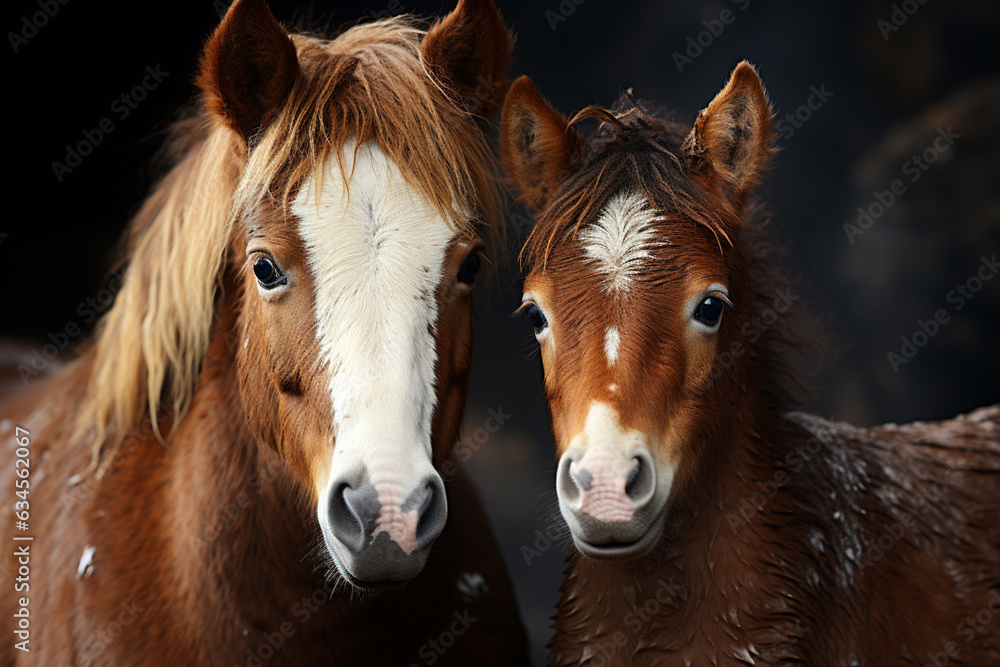 A snapshot of a horse and its foal nuzzling each other in a ...