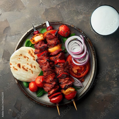 Top view lule kebab with tomato and onion and ayran on stone background photo
