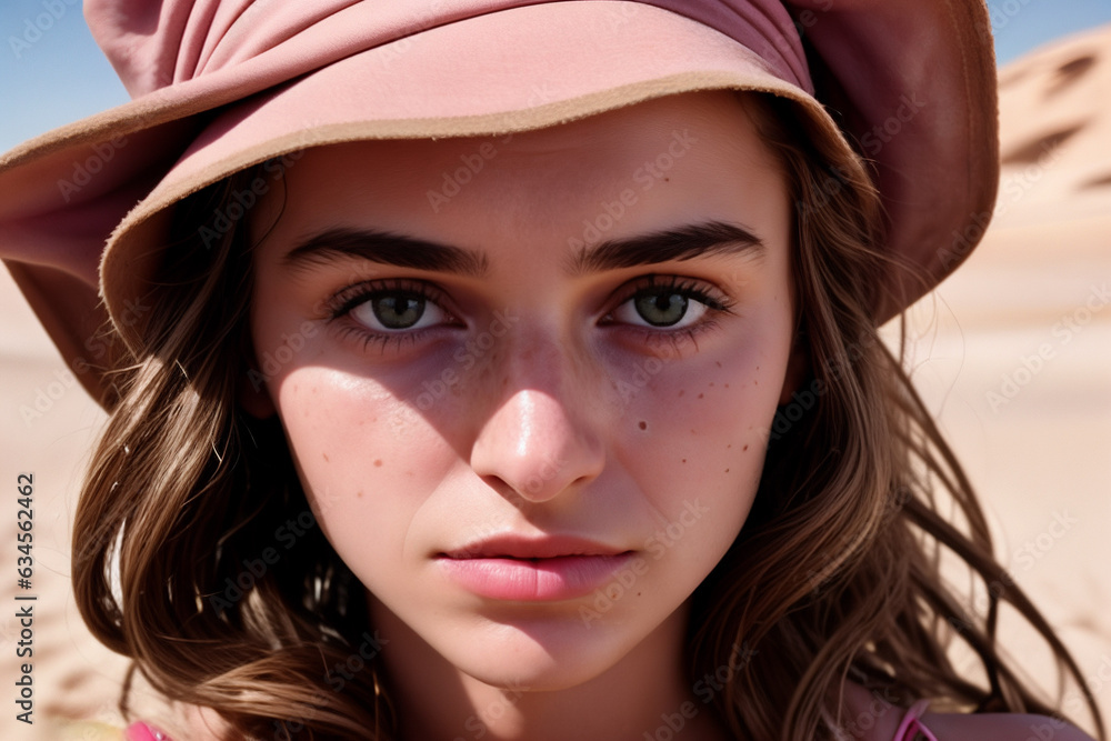 captivating close-up of a beautiful young girl with blue eyes, wearing pink in the enchanting embrace of the desert captivating close-up of a beautiful young girl with blue eyes, wearing pink in the enchanting embrace of the desert