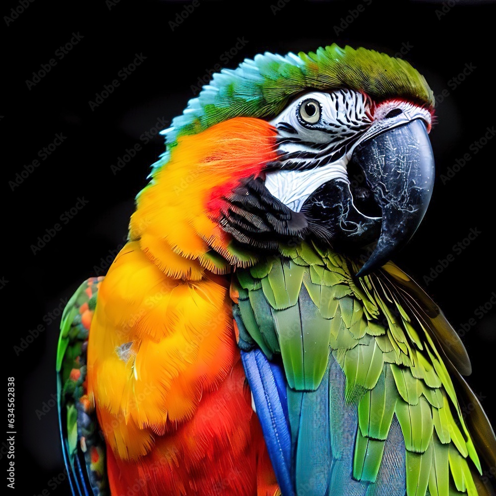 A colorful parrot with a black background and a black background